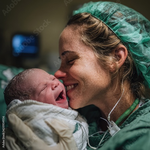 Mother's Joyful Embrace of Newborn Baby After Birth