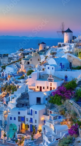 Oia, Santorini at Dusk with Windmills and Aegean Sea