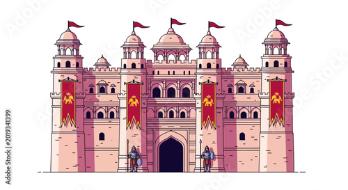 Foto Fantasy Castle Fortress Medieval Architecture with Guards and Banners