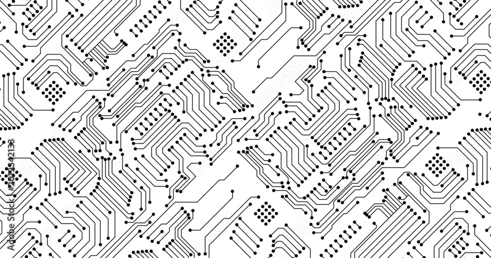 Obraz premium Abstract black circuit board technology connected lines electronics elements computer motherboard chip processor semiconductor digital on white background vector