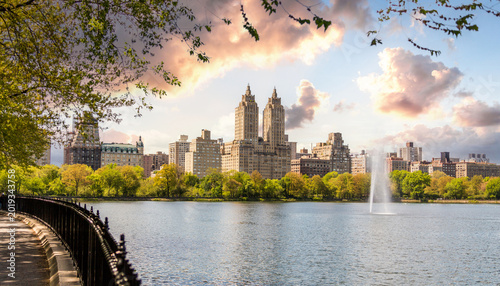 Skyline panorama with Eldorado building and reservoir with fountain in Central Park in midtown Manhattan in New York City