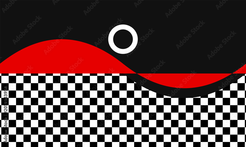 Fototapeta premium Modern dynamic racing concept flag featuring a red wave white circle and checkerboard pattern illustration