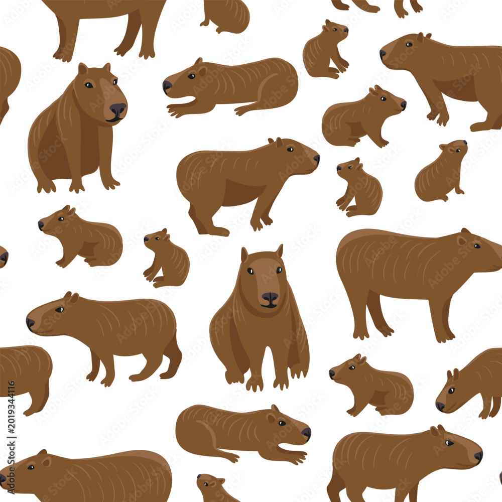 Fototapeta premium Vector drawing seamless pattern with capybara, animals at white background, hand drawn illustration
