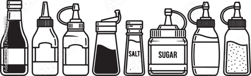 Quadro su tela Vector set of household condiment bottles salt sugar pepper and spice containers