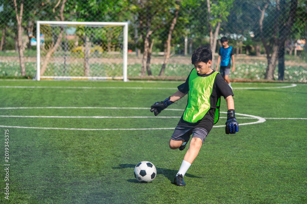 Obraz premium World cup concept with soccer ball or football player, soccer player kicking ball on green field