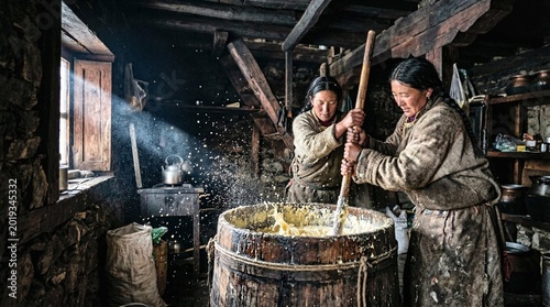 Traditional Women Churning Butter in Rustic Mountain Home
