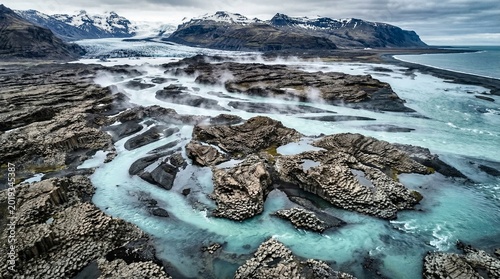 Dramatic Icelandic Landscape with Glacial River and Basalt Columns