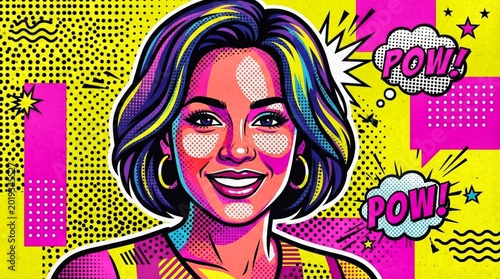 Smiling Woman in Vibrant Pop Art Style with Comic Elements