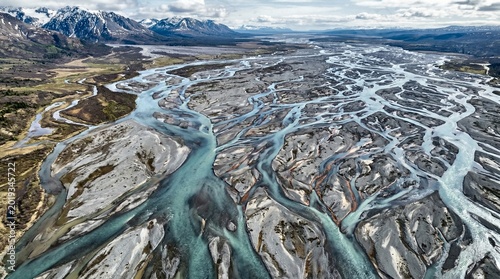 Aerial View of Braided River System in Mountainous Landscape