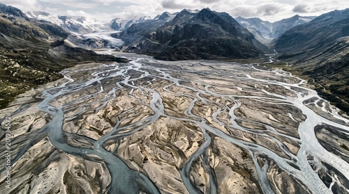 Aerial View of Braided River System in Glacial Valley