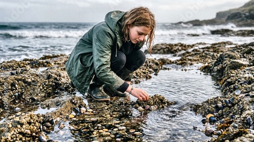 Young Girl Exploring Rocky Beach Tide Pool at Low Tide