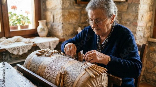 Elderly Woman Handcrafting Traditional Bobbin Lace