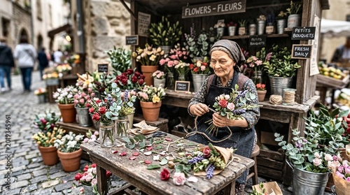 Elderly Woman Arranging Flowers at Rustic Outdoor Market Stall
