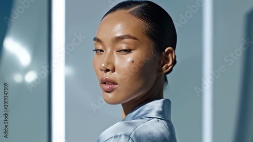 Elegant asian model portrait in cool blue daylight, sleek hair, luminous skin, quiet confidence, modern fashion styling, and soft architectural shadows for premium beauty editorial concept image