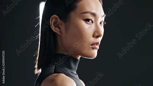 Side profile asian model portrait with closed eyes, black sleeveless high neck dress, clean dark studio background, soft rim light, and serene minimalist fashion elegance for luxury editorial image