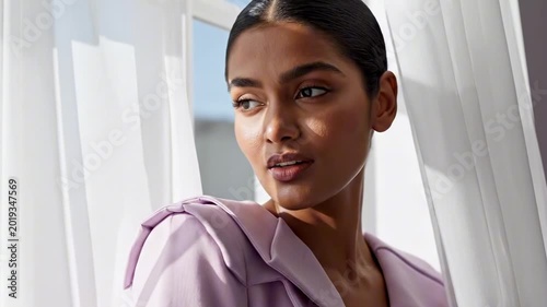 Confident asian model in lavender blazer by sheer white curtains, warm sunlit face, polished hair, graceful expression, and airy modern fashion portrait atmosphere with premium soft lifestyle mood