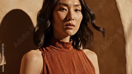 Moody asian model portrait in rust sleeveless top, wavy hair, warm clay arch shadows, sculptural earth tone set, calm expression, and desert inspired fashion elegance for premium editorial image