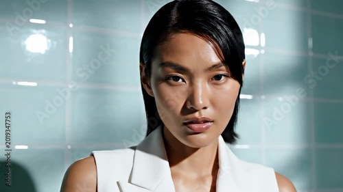 Modern asian model portrait in white sleeveless blazer against glossy aqua tile wall, sleek black hair, direct gaze, strong facial light, and polished editorial beauty look for premium fashion image