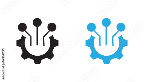 Modern technology gear network icon with connected nodes and cogwheel outline design. Suitable for automation, digital system, engineering, innovation, workflow, and business technology concepts.