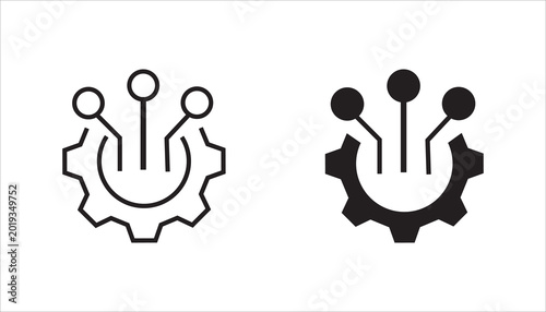 Modern technology gear network icon with connected nodes and cogwheel outline design. Suitable for automation, digital system, engineering, innovation, workflow, and business technology concepts.