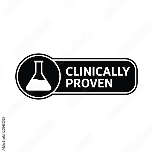 clinically proven label with flask icon black and white vector illustration