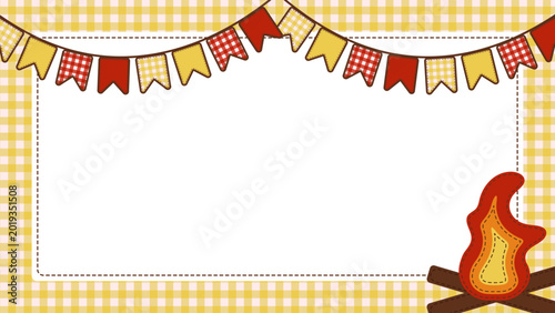 Horizontal Festa Junina frame with gingham border, bunting flags and bonfire illustration for Sao Joao party invitation and social media design