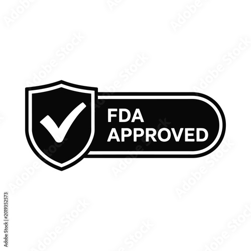 fda approved label icon with checkmark in shield black and white