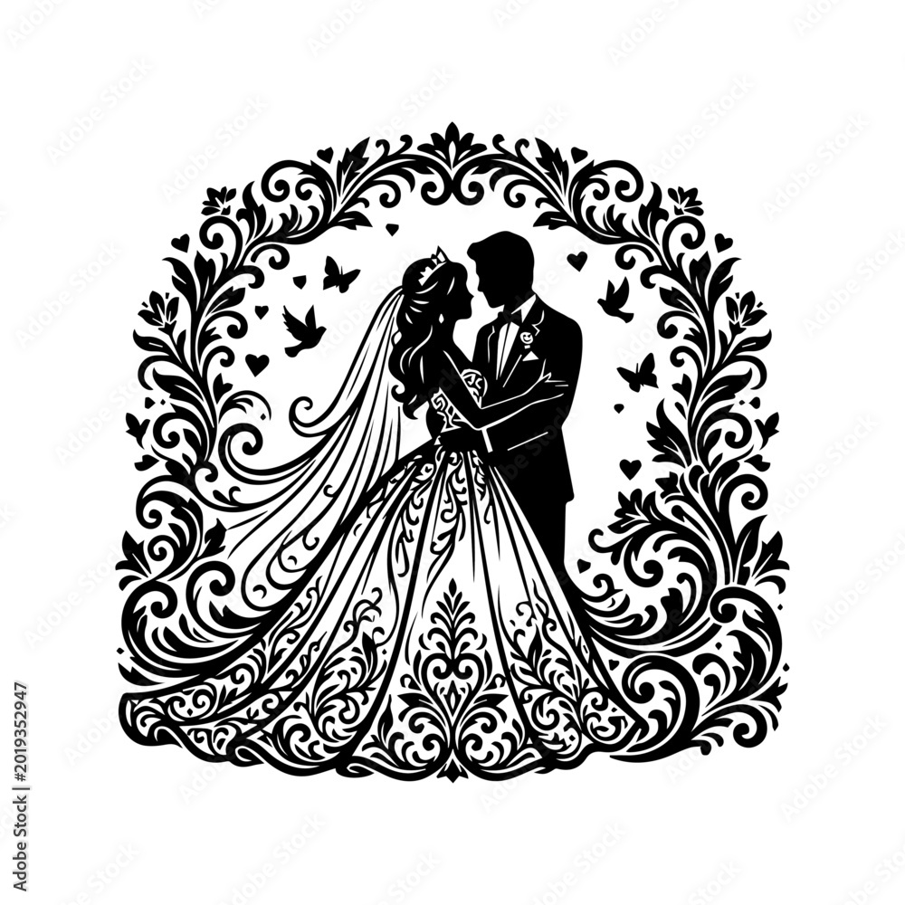 Fototapeta premium Wedding couple silhouette in ornate floral frame, bride and groom vector illustration.tled-1
