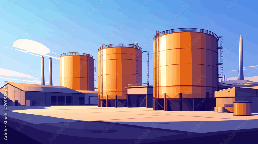 Fototapeta premium Industrial facility with large cylindrical tanks and adjacent buildings