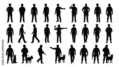 Schilderij op canvas police officer silhouettes in various poses silhouette high quality professional