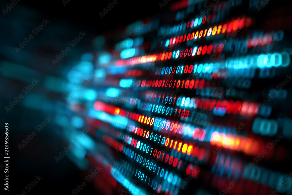 Naklejka premium Angled View of a Luminous Binary Data Stream in Glowing Red and Blue