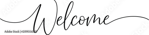 Elegant welcome sign in black cursive script on white background