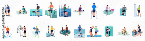 Bild auf Leinwand Comprehensive Flat Illustration Set of Hydrotherapy, Aquatic Rehabilitation, and