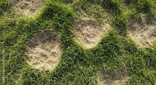 Foto Dead circular patches of grass in a lawn affected by fungal disease