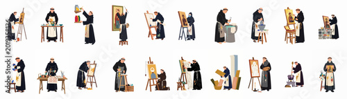 Konstfotografi Illustration Set of Medieval Monks Painting Religious Icons and Preparing Art Ma