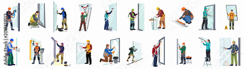Fotografía Set of flat vector illustrations depicting professional glaziers and window installers performing various glass installation, maintenance, and repair tasks in safety gear