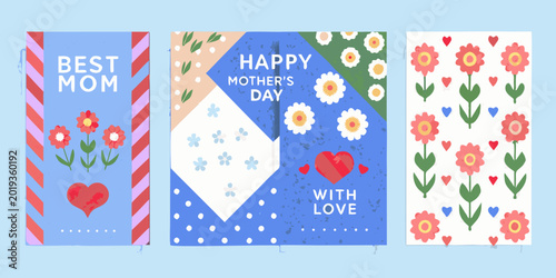 Fotografie Three colorful greeting cards with floral designs and heartfelt messages pastel
