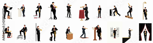 Foto Collection of professional trumpet players in formal attire, depicted in various poses and settings for music and performance themes