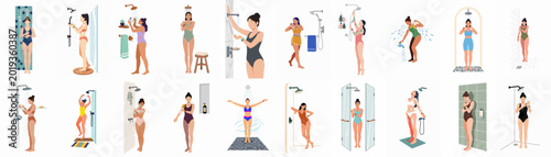 Photos Collection of diverse women in swimsuits taking showers in various indoor and outdoor settings, flat vector illustration style