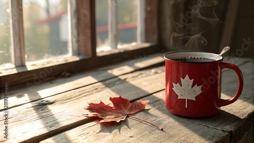 Steaming Coffee Mug with Maple Leaf on Rustic Wooden Table by a Window in Autumn