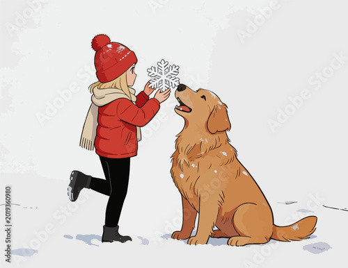 Little girl playing with golden retriever in winter snow