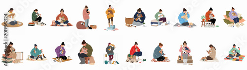 Canvastavla Collection of diverse women nurturing and playing with multiple adorable puppies in various cozy domestic scenes, perfect for pet care and lifestyle themes