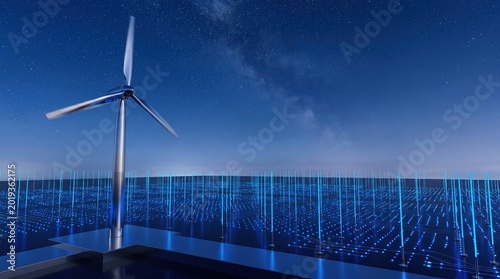 Futuristic wind turbine powering digital network under starry night sky