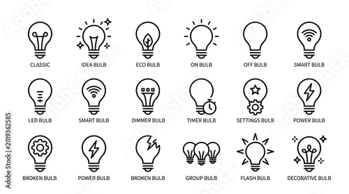 minimalist light bulb line icons set including smart, eco, broken and idea concepts on white background, perfect for infographic design, creative brainstorm and mobile app interface