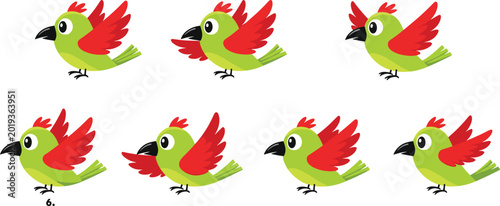 Canvas Print cute cartoon flying green parrot birds set with red wings and crest in different