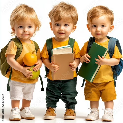 Adorable Toddlers Ready for School with Backpacks, Books and Healthy Snacks