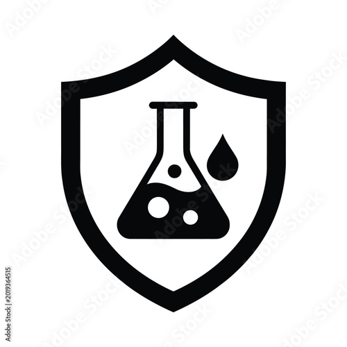 shield icon with flask and droplet black silhouette on white background