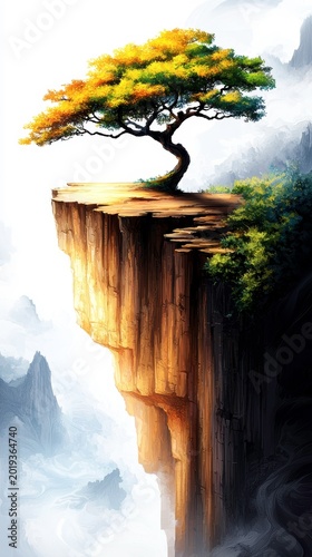 Majestic Solitary Tree on Cliff Edge Overlooking Misty Mountains Illustration