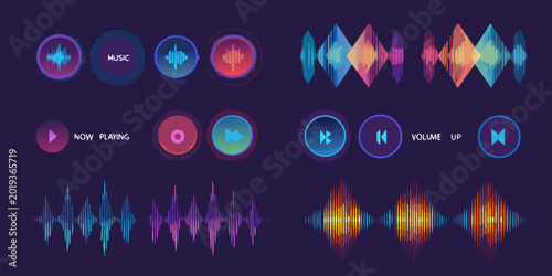 Photos Music player icons and audio wave visualizers in a vibrant gradient style high q