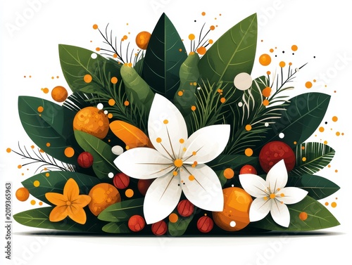 Vibrant Tropical Botanical Illustration with White Flowers, Green Leaves, and Orange Berries